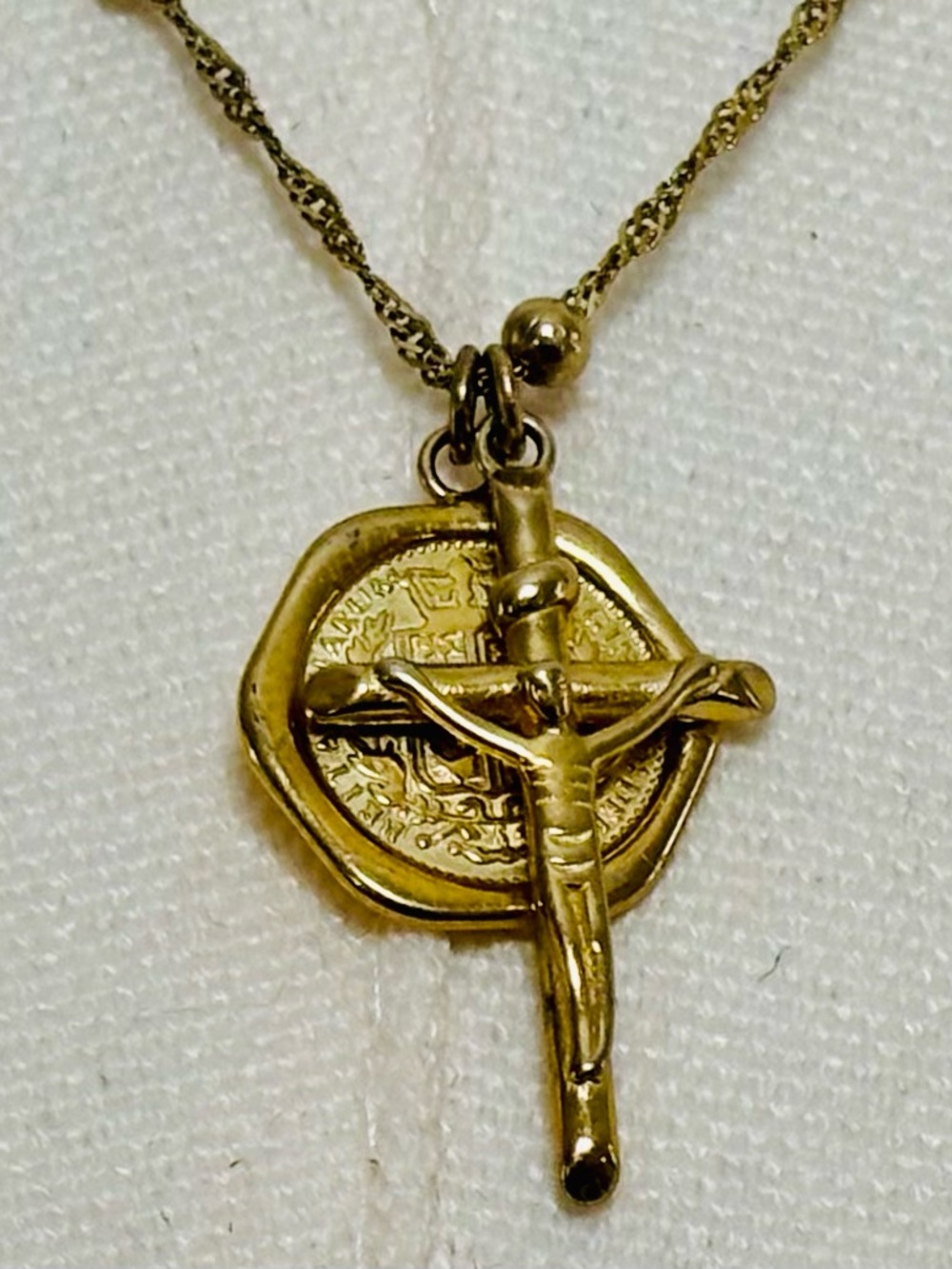 Gold-Tone Beaded Religious Coin Medallion & Cross Pendant Charm Necklace